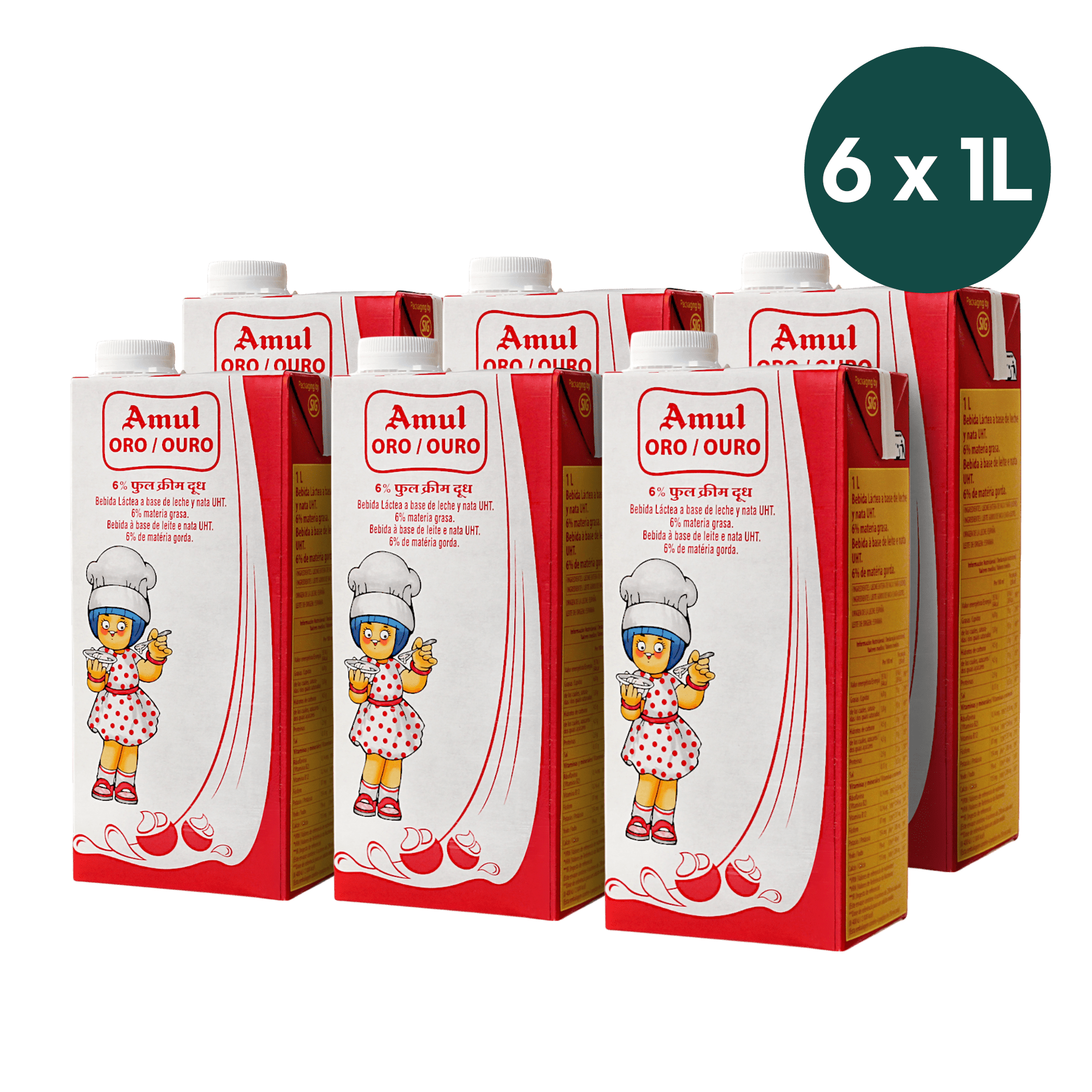 Amul - 6l (6 x1l) Gold Vollmilch Vollrahm (Fett 6%)