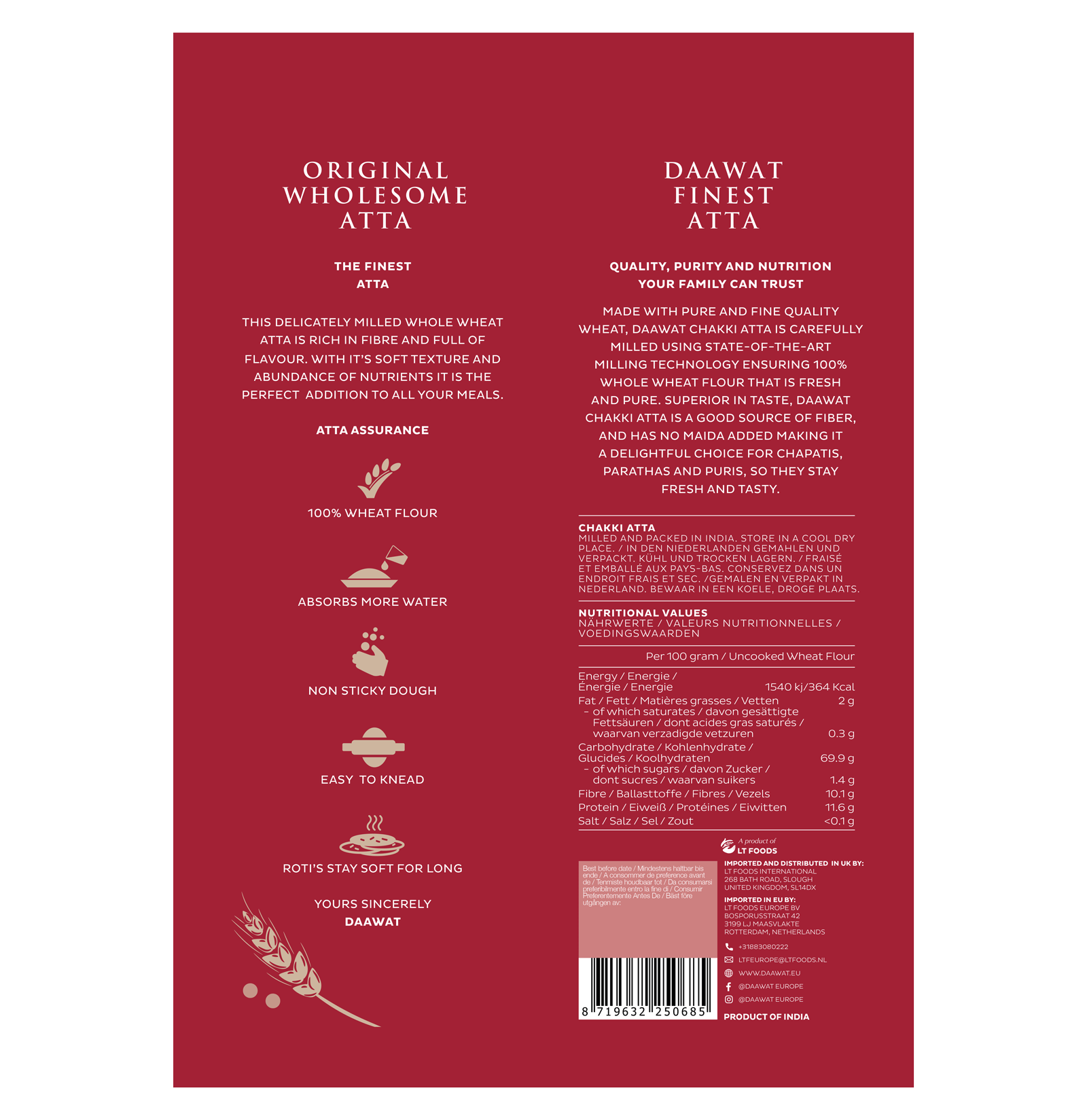 Daawat - 20kg Chakki Atta (Whole Wheat Flour) (2 x 10kg Bundle) BBD September 2026