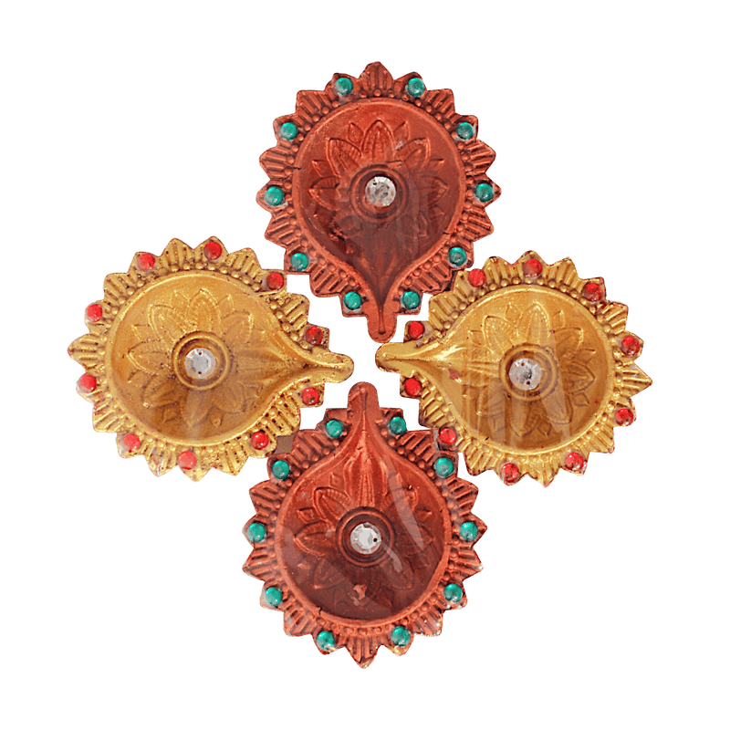 Fancy Diyas - Set of 4 (Decorated Leaf Golden & Brown)