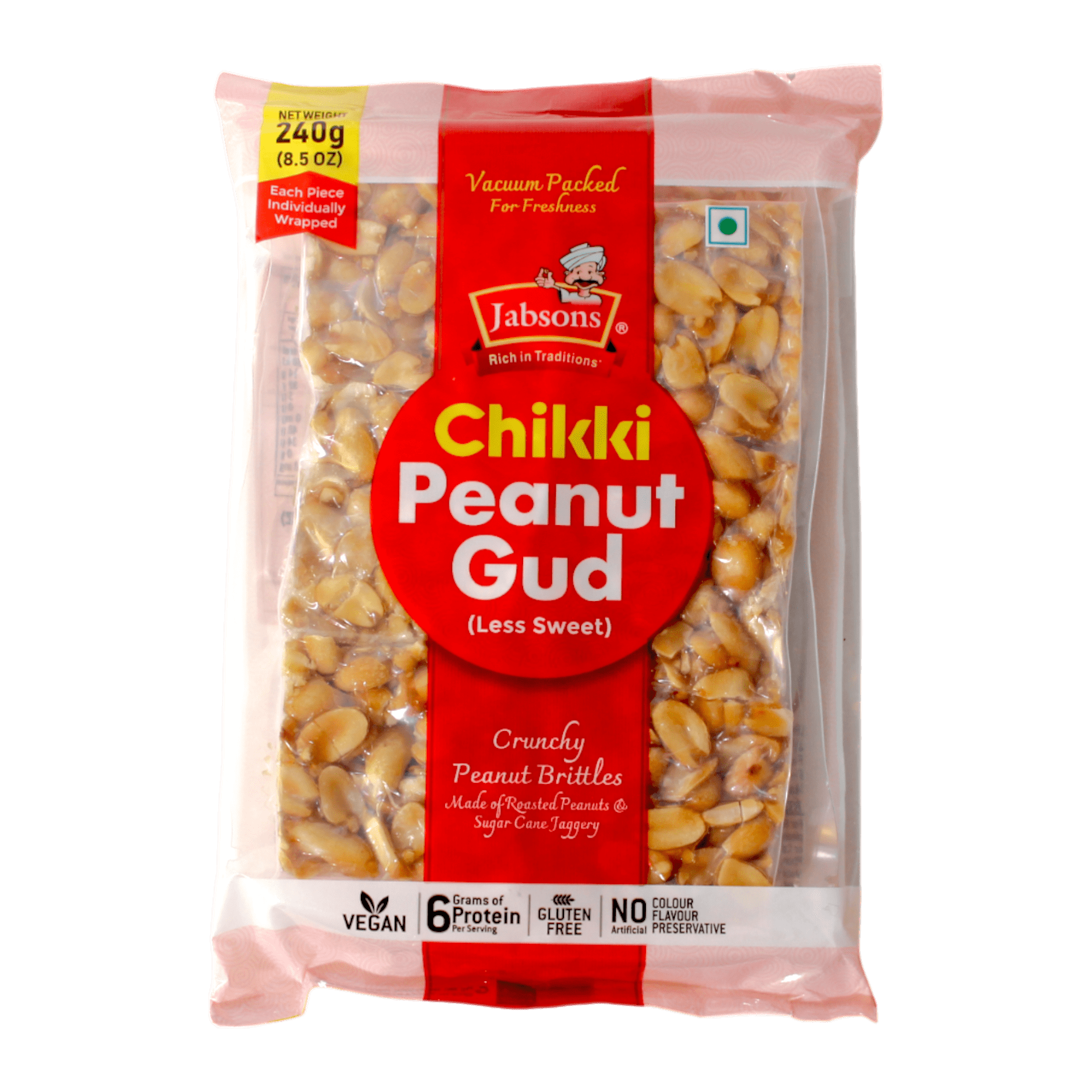 Jabsons - 240g Chikki Erdnuss-Gud (Weniger Süß)